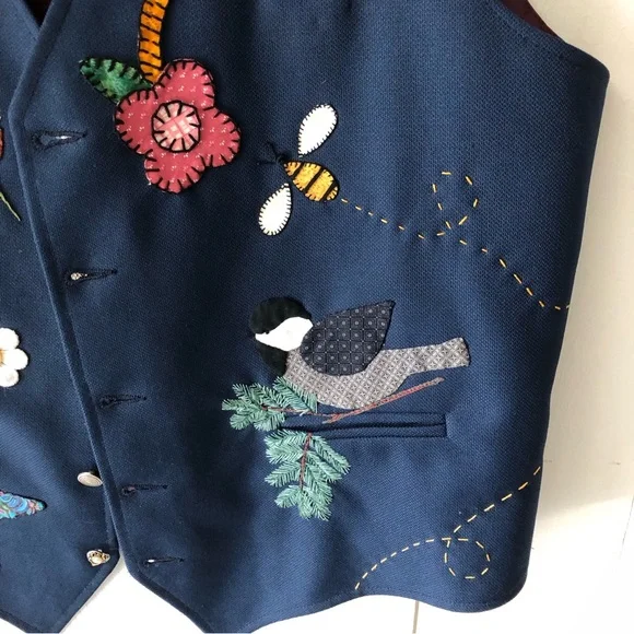 Vintage Handmade Funky Art Appliqué Embroidered Birds Flowers Unisex Vest - Picture 6 of 13